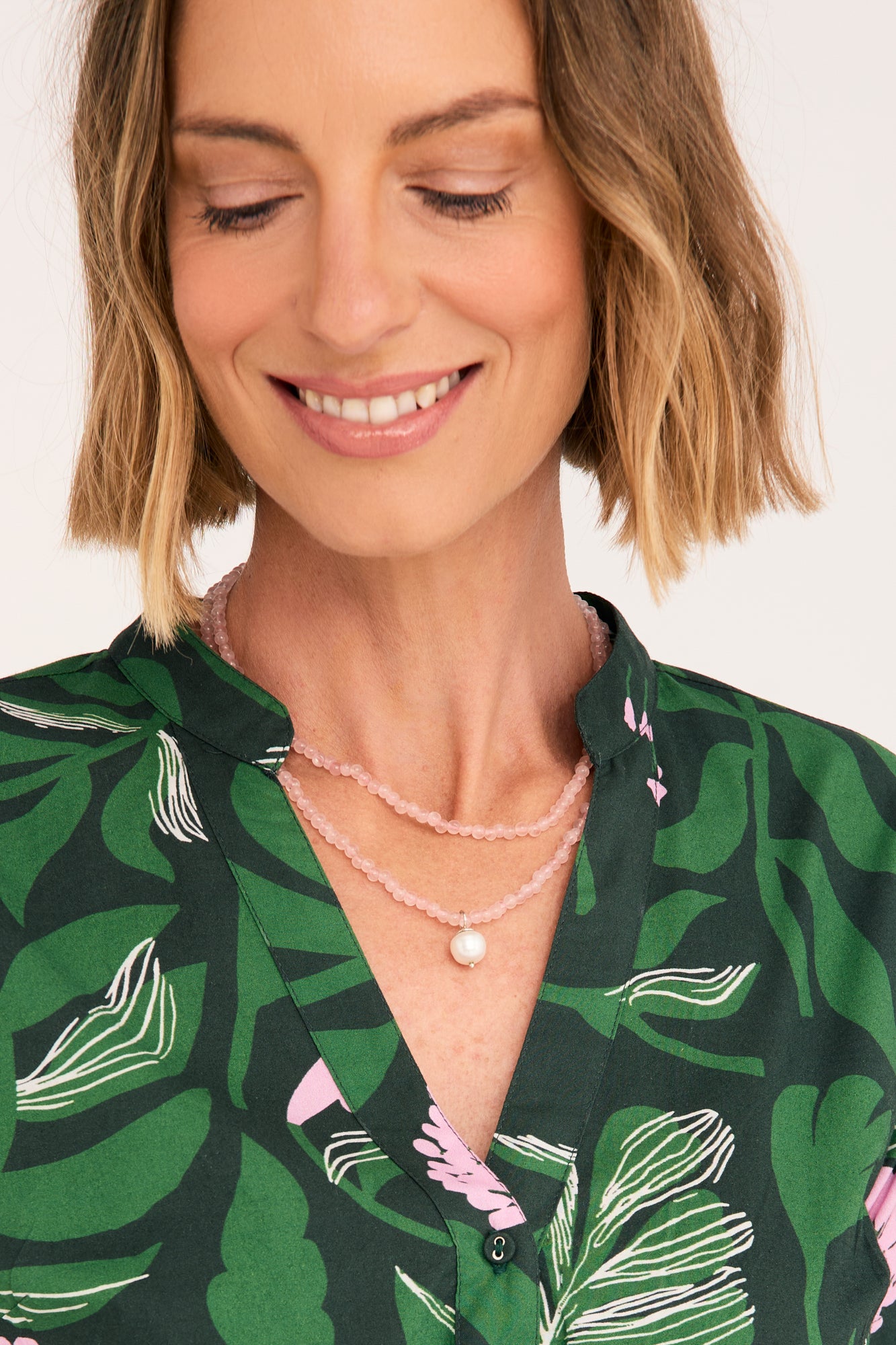 Rose Quartz Long Necklace & Freshwater Pearl