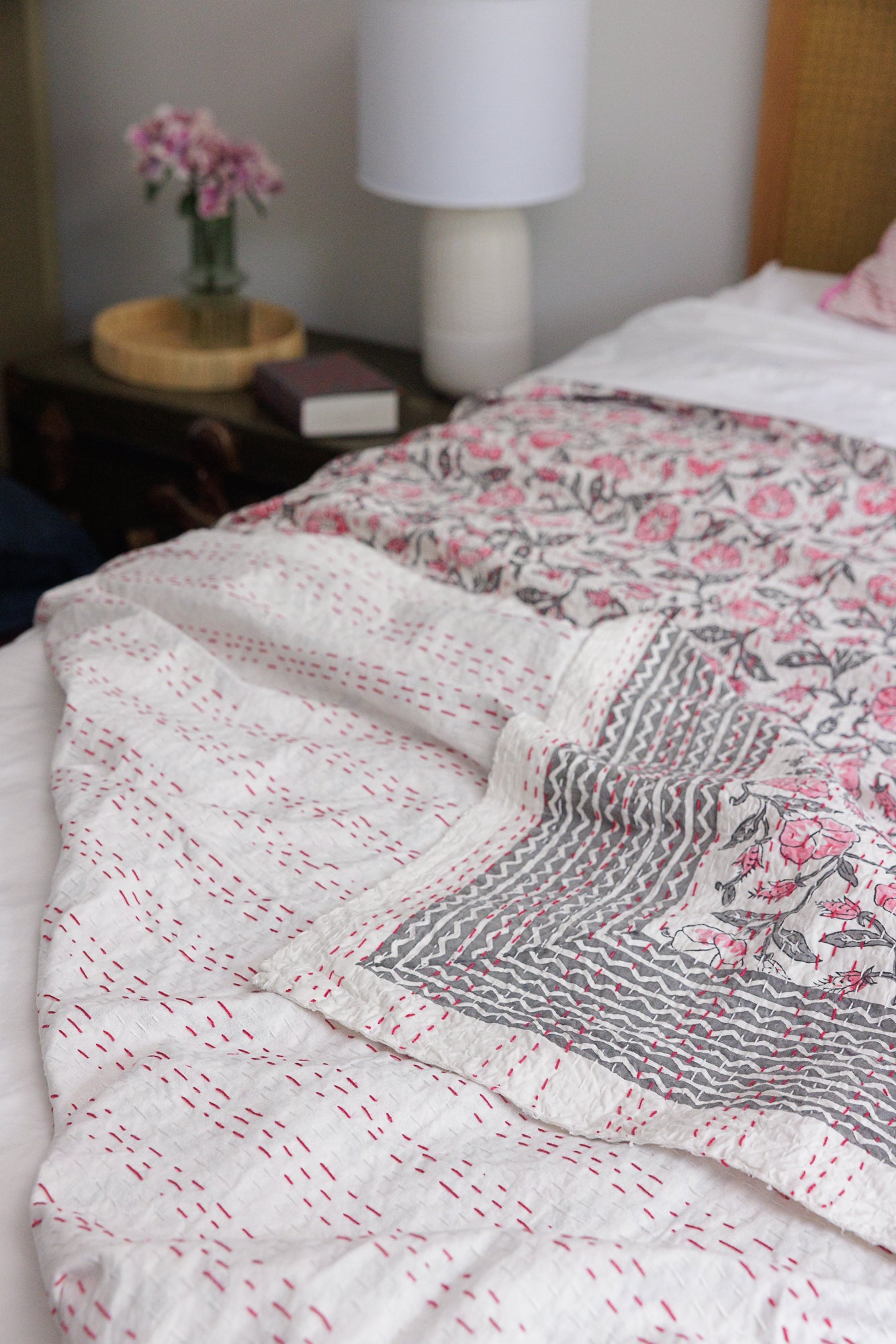 Kantha Quilt Rose Pink Garden