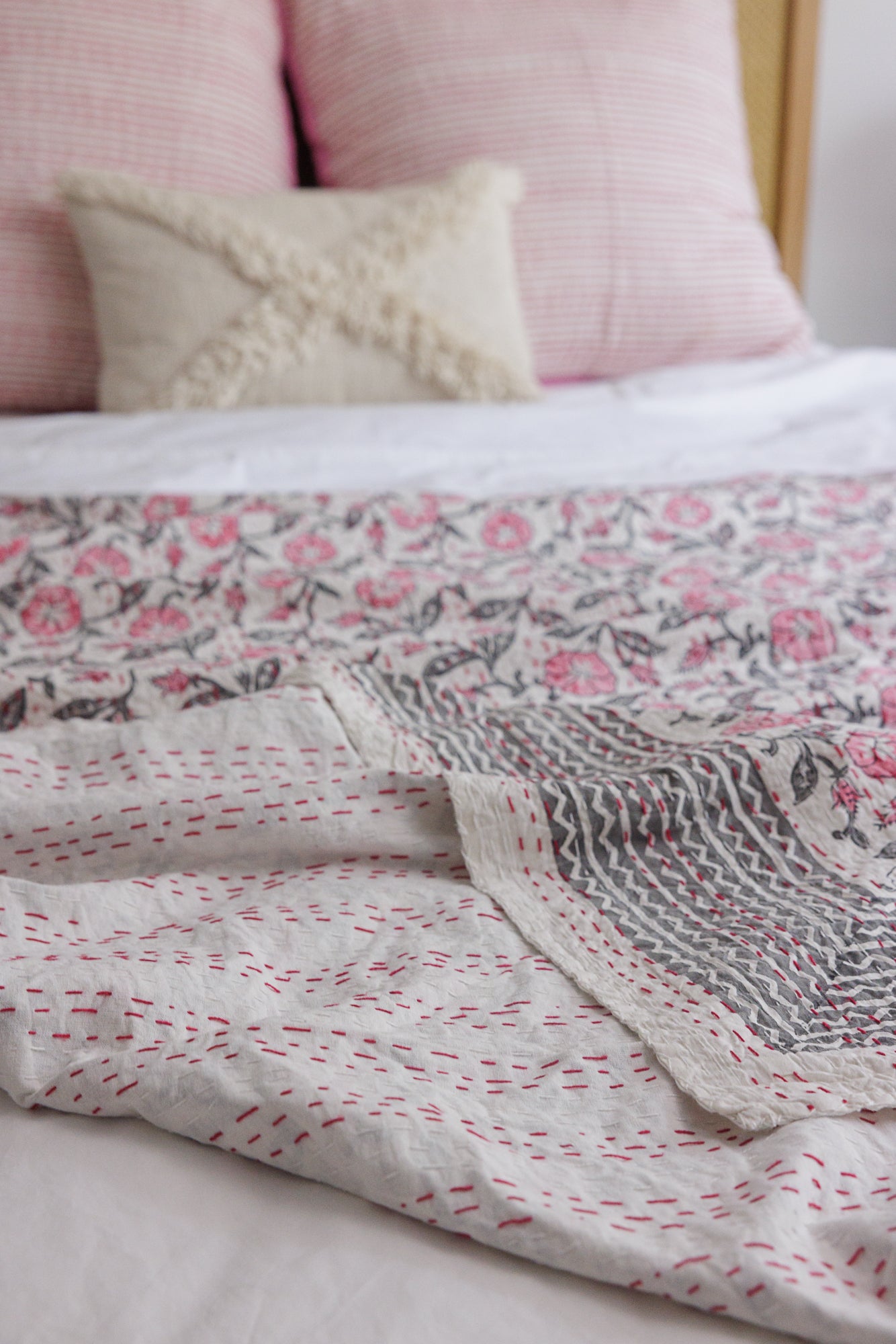 Kantha Quilt Rose Pink Garden