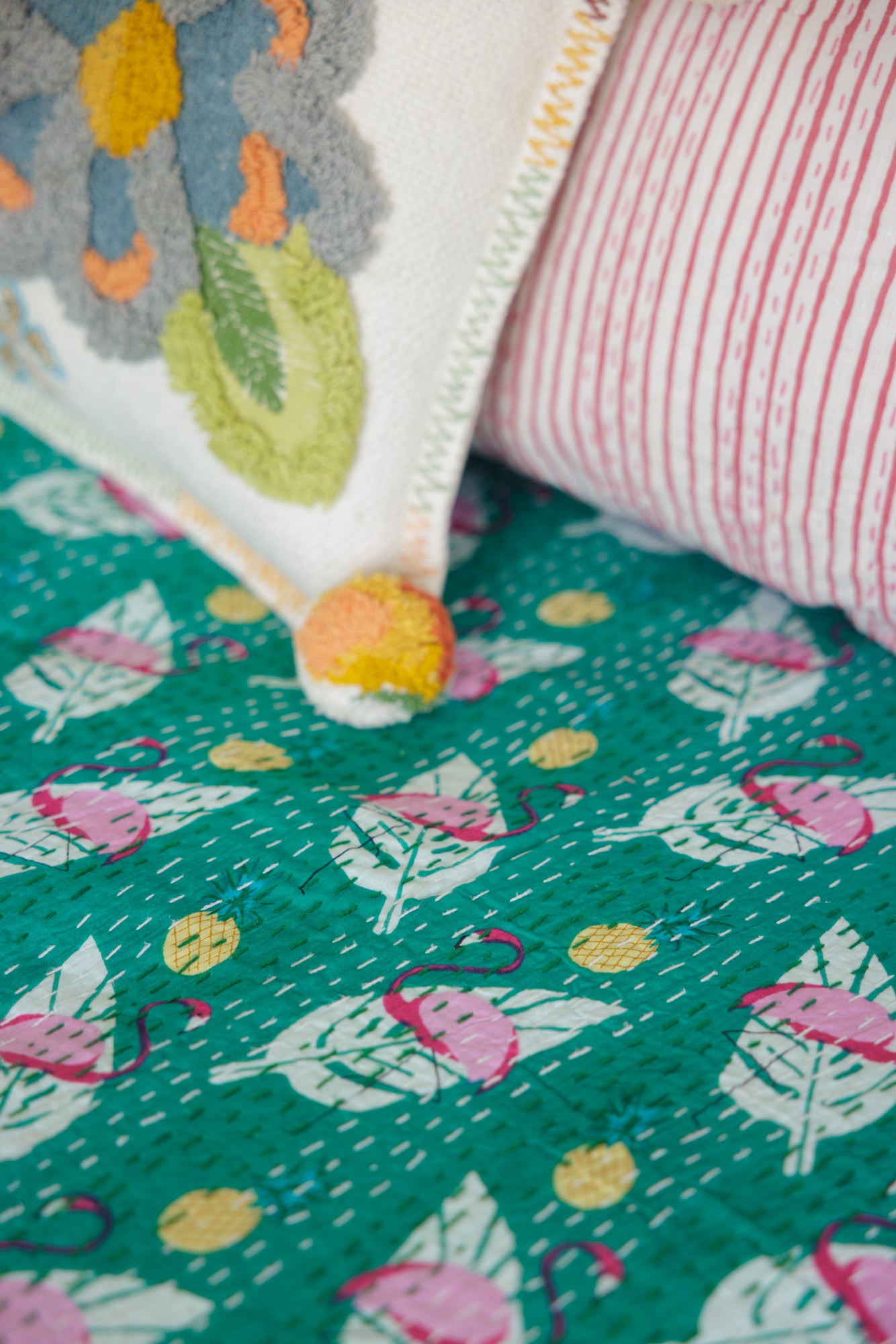 Kantha Quilt Flamingo Forest