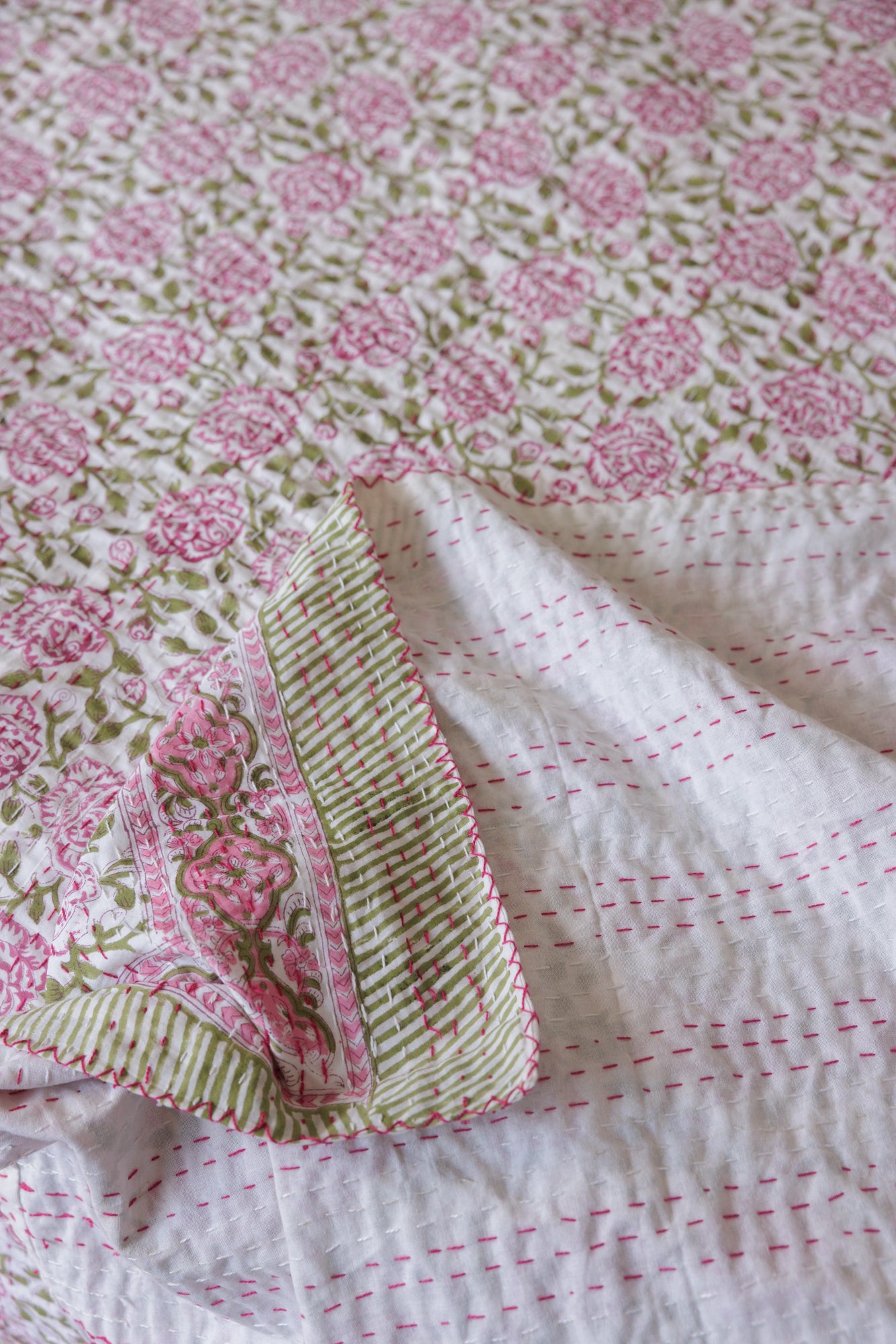 Kantha Quilt Pink Rose Bouquet