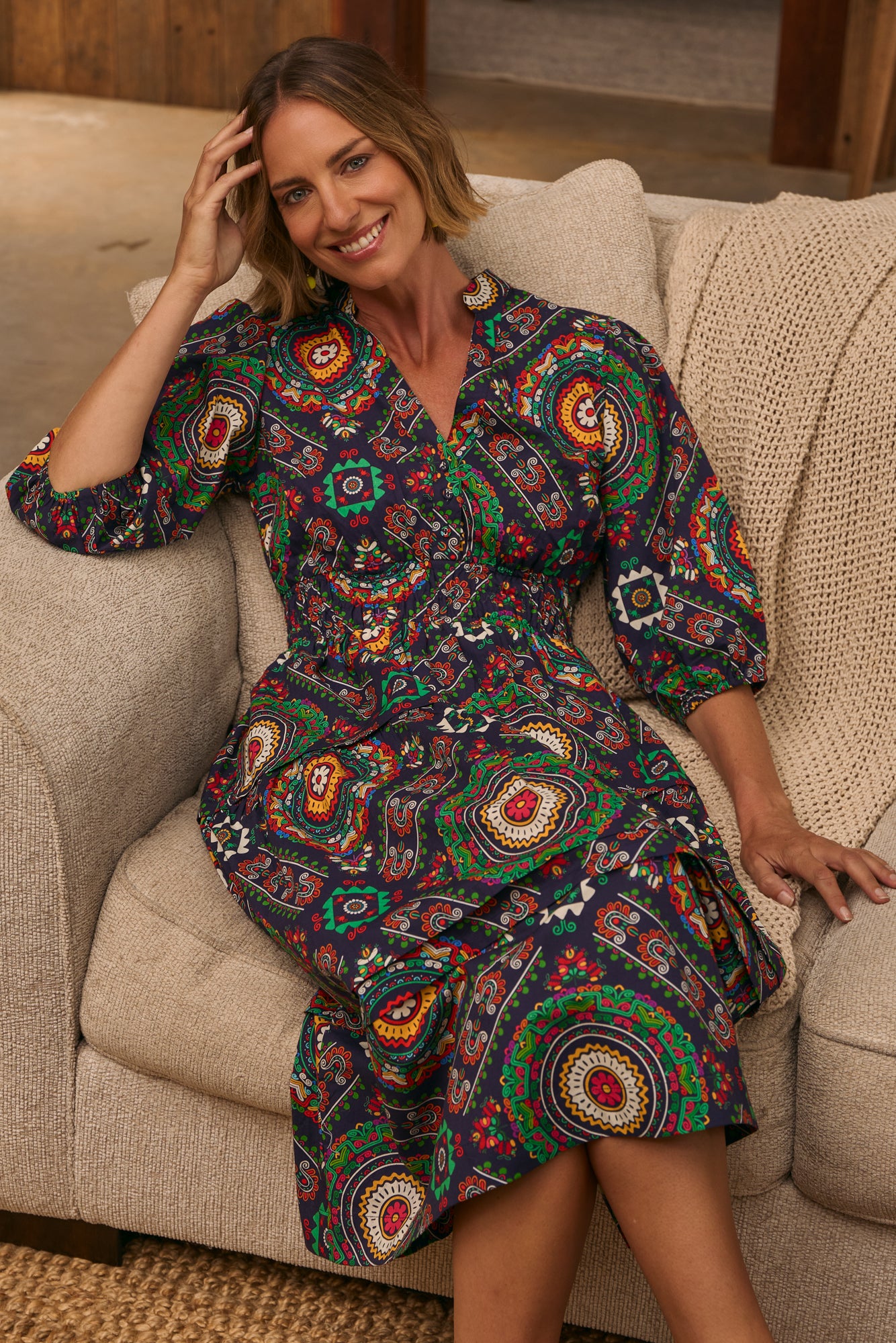 aztec dress long sleeve Stella Dress Aztec Print | Cotton Midi Dress