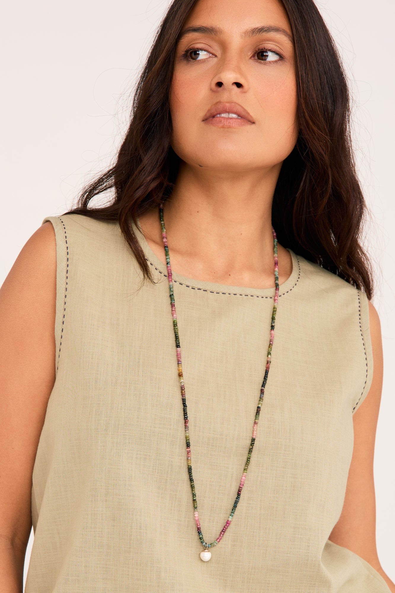 Tourmaline Long Necklace & Freshwater Pearl