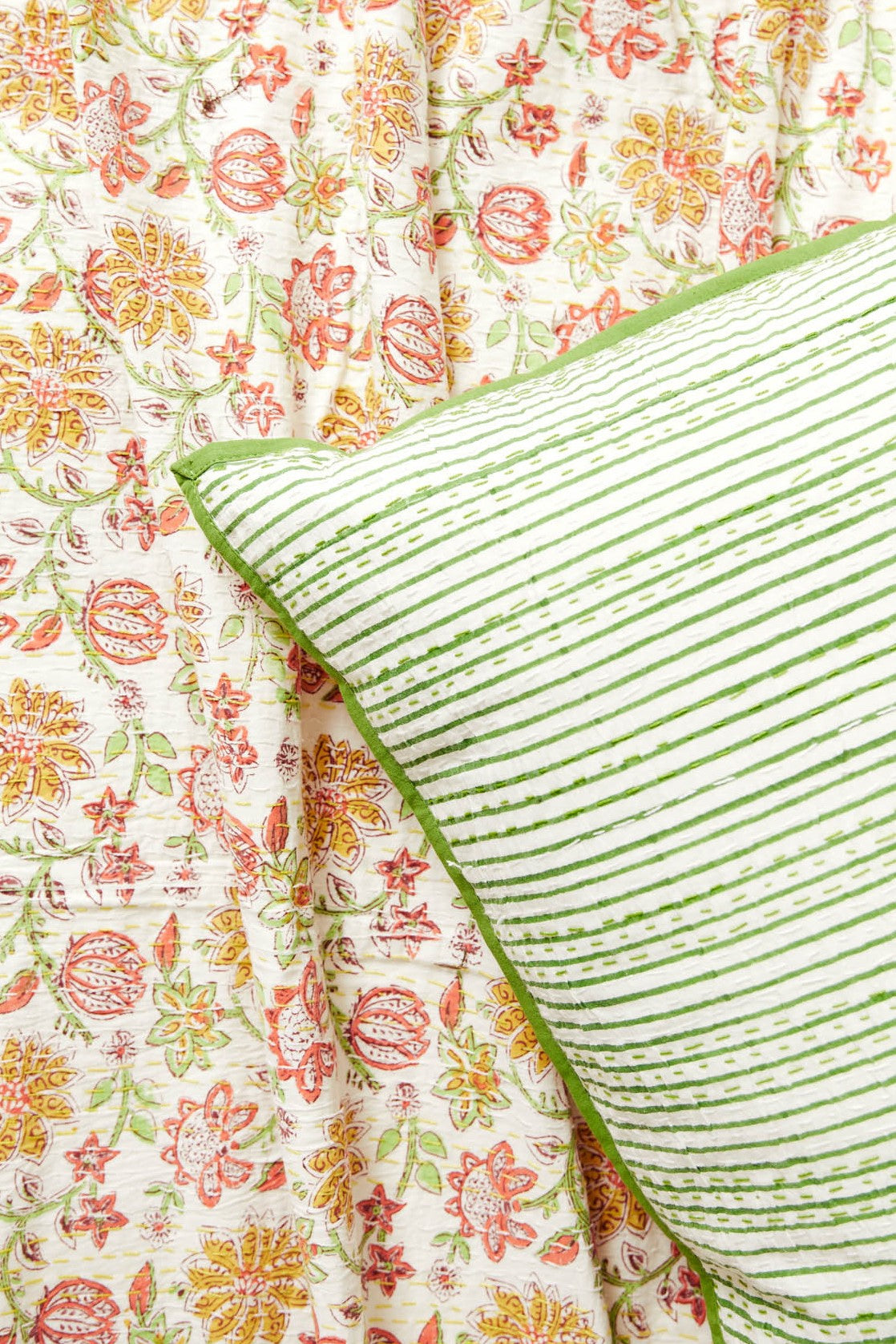 Kantha European Pillowcase Lime Green (Piping)