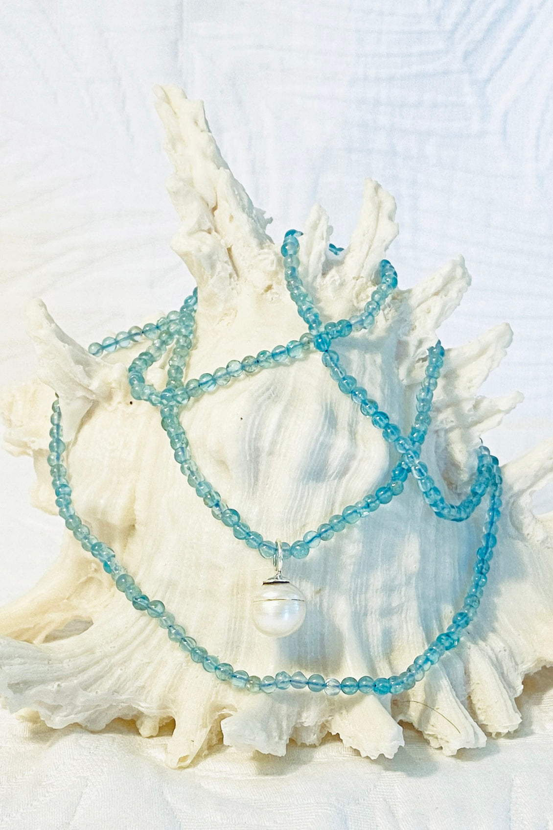 Blue Apatite Long Necklace & Freshwater Pearl
