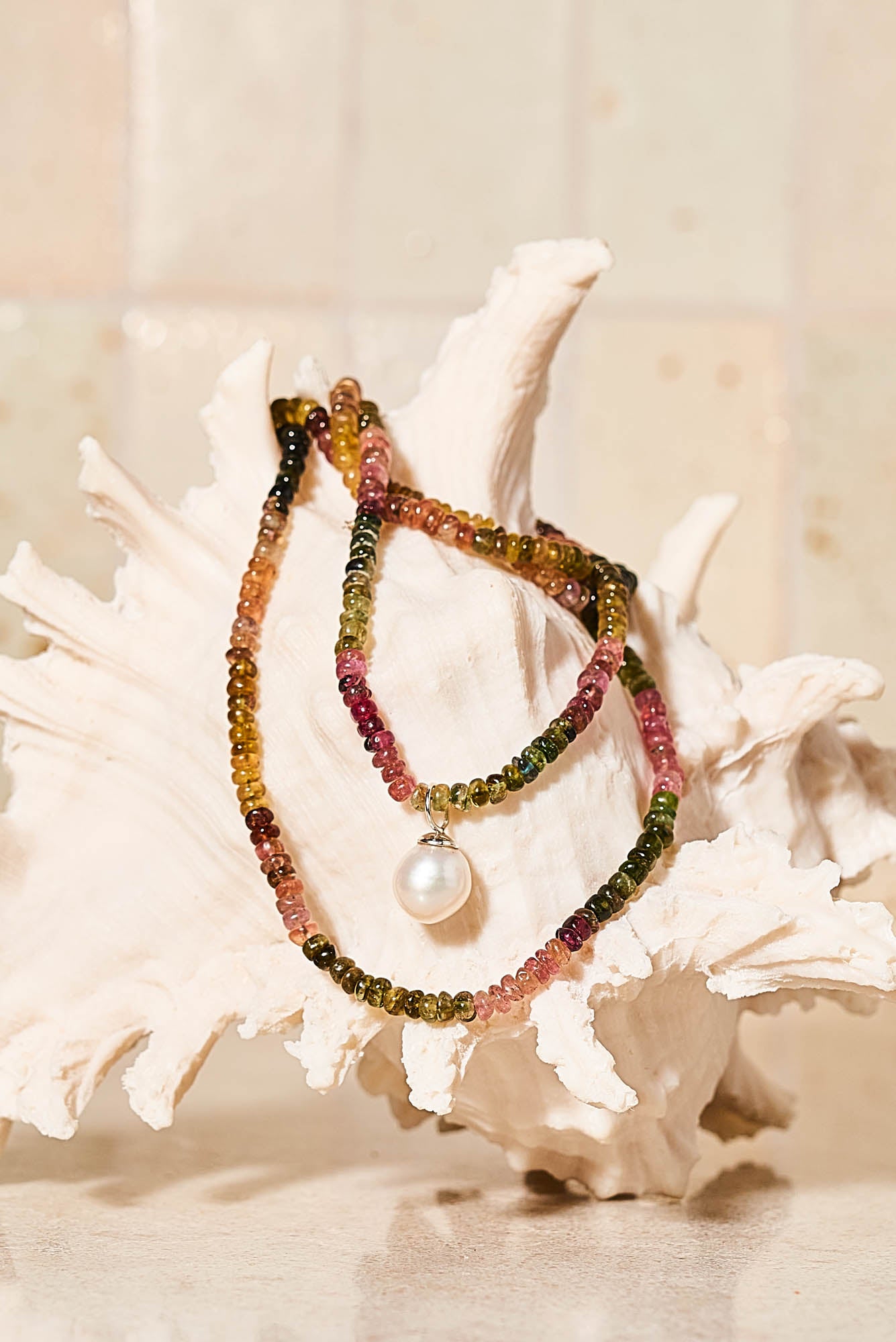 Tourmaline Long Necklace & Freshwater Pearl