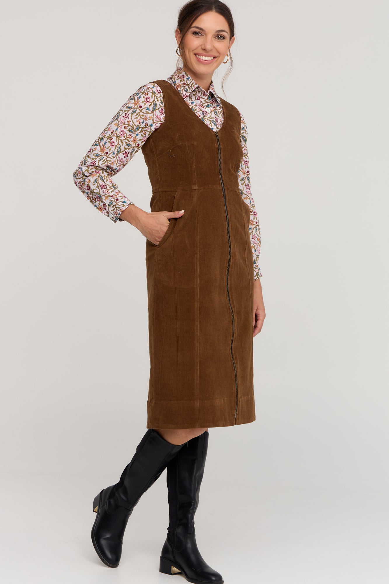 Ashton Pinafore Toffee Brown | Stretch Cord Pinafore Dress