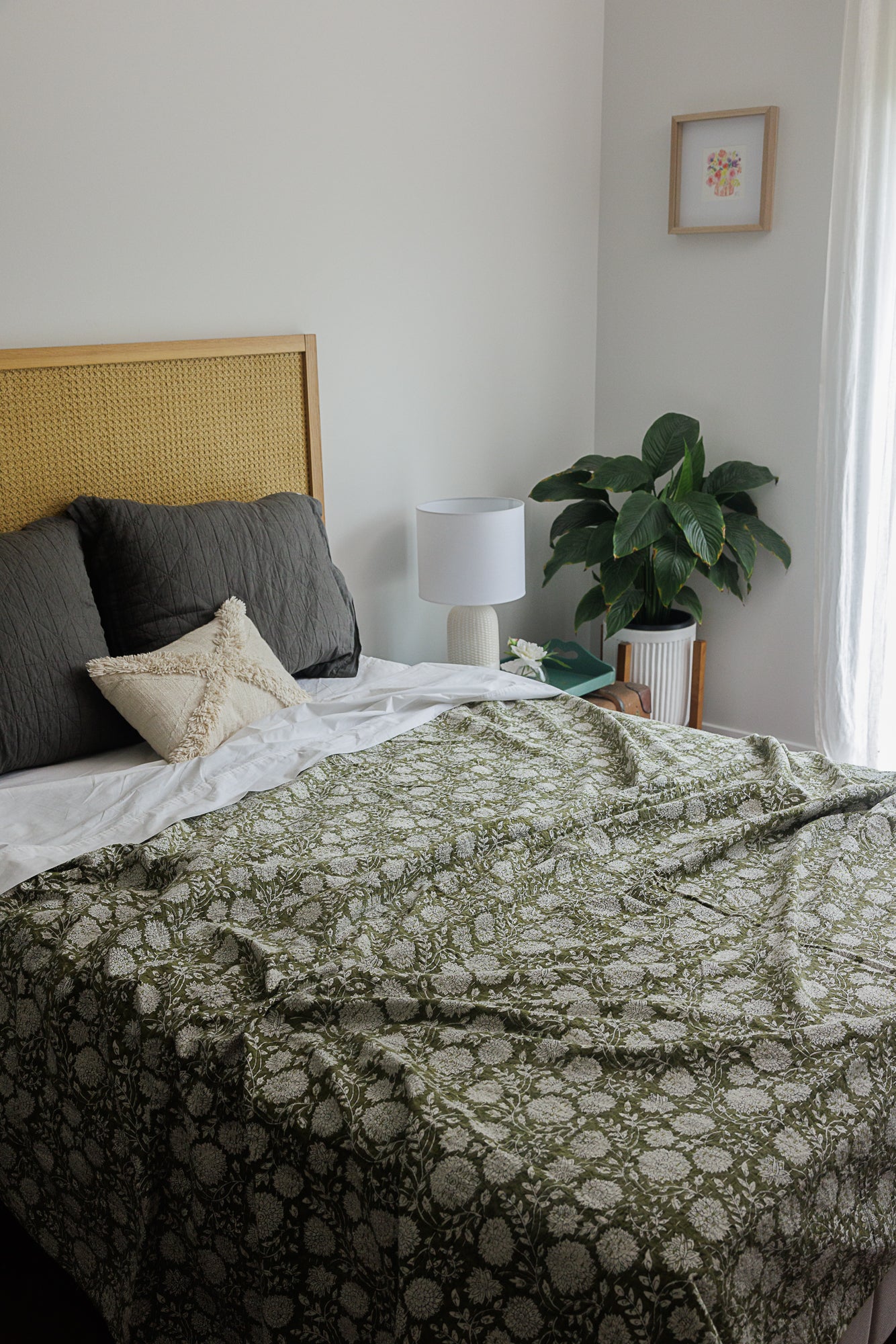 Kantha Quilt Olive Flowers
