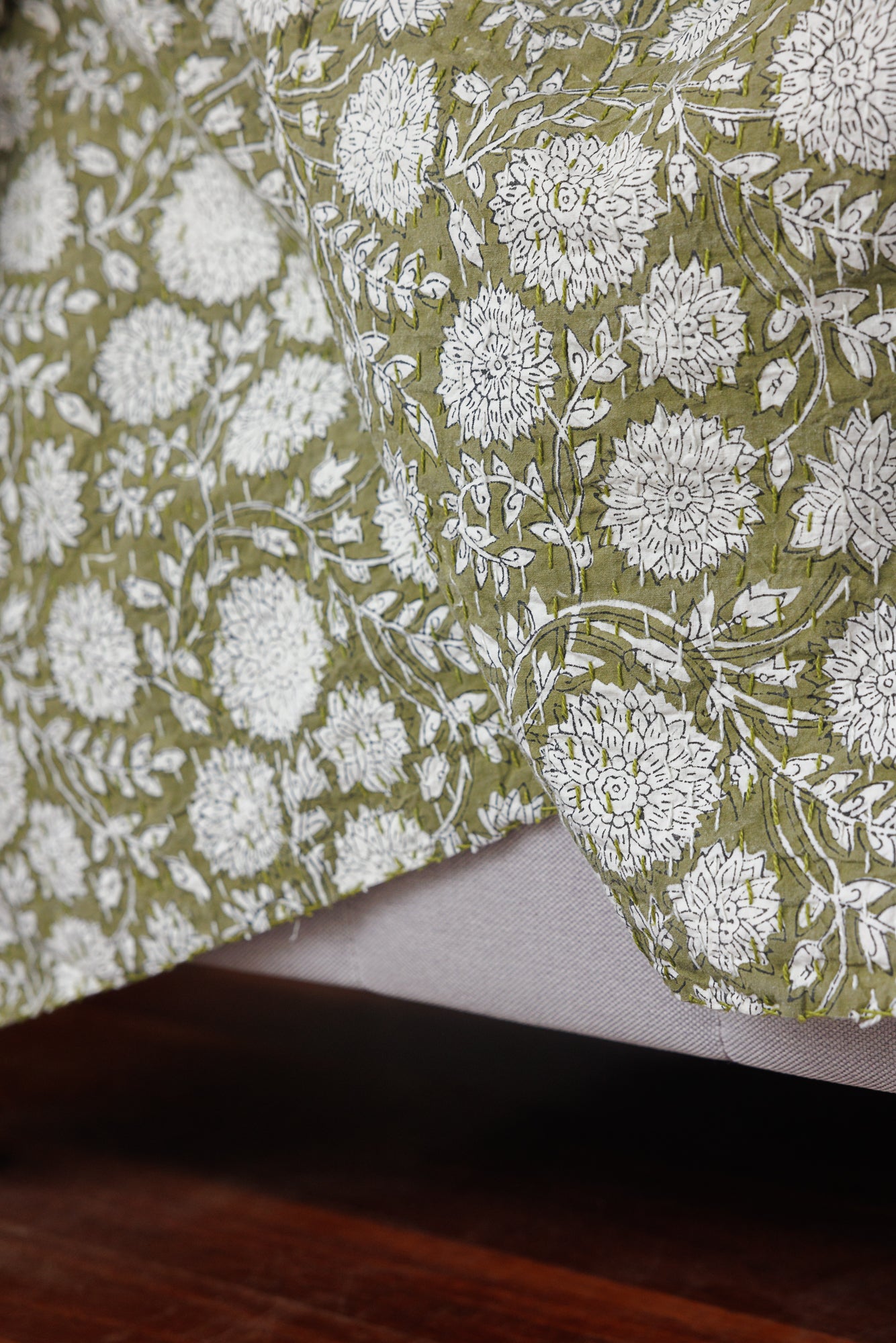 Kantha Quilt Olive Flowers