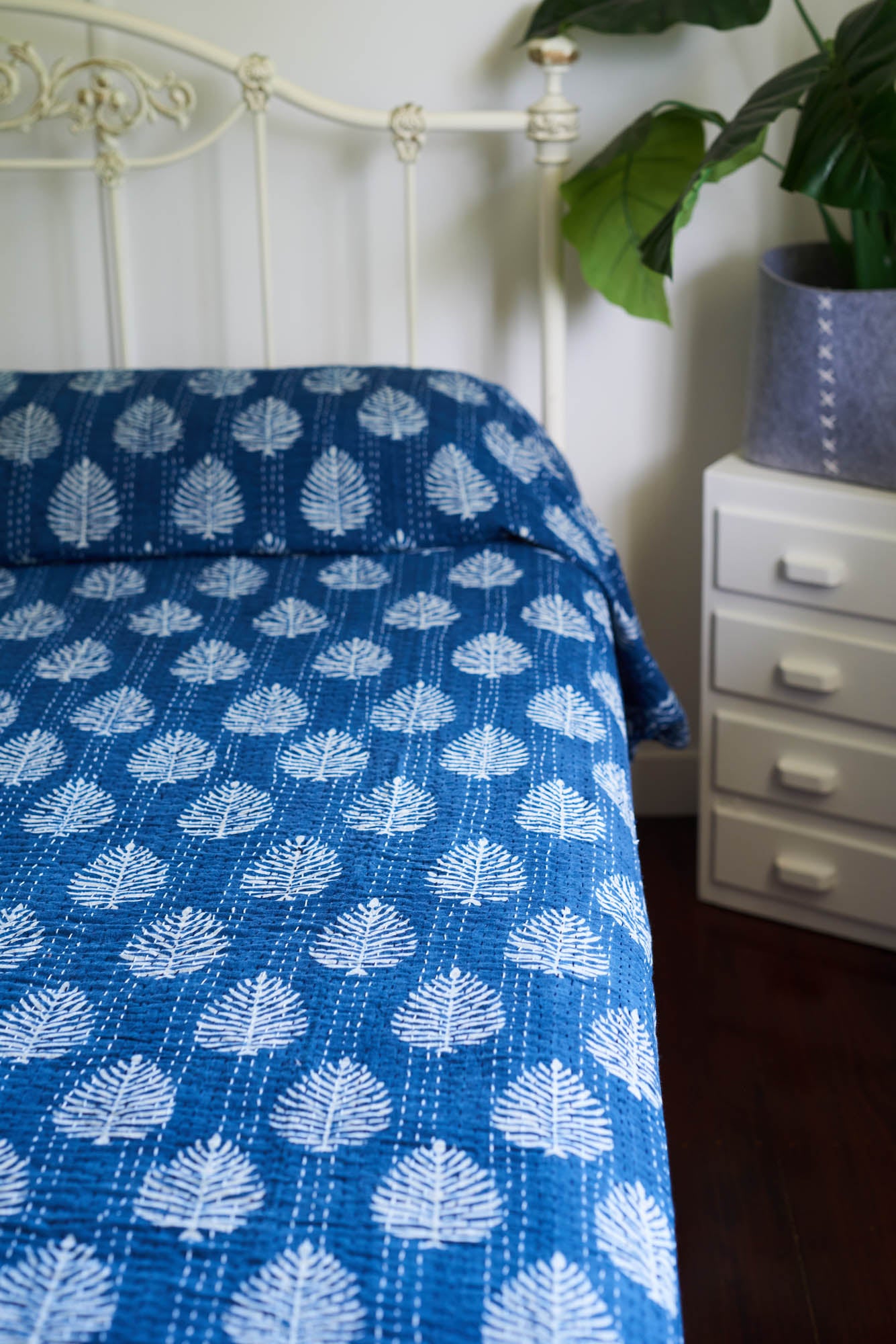 Kantha Quilt Indigo Leaves